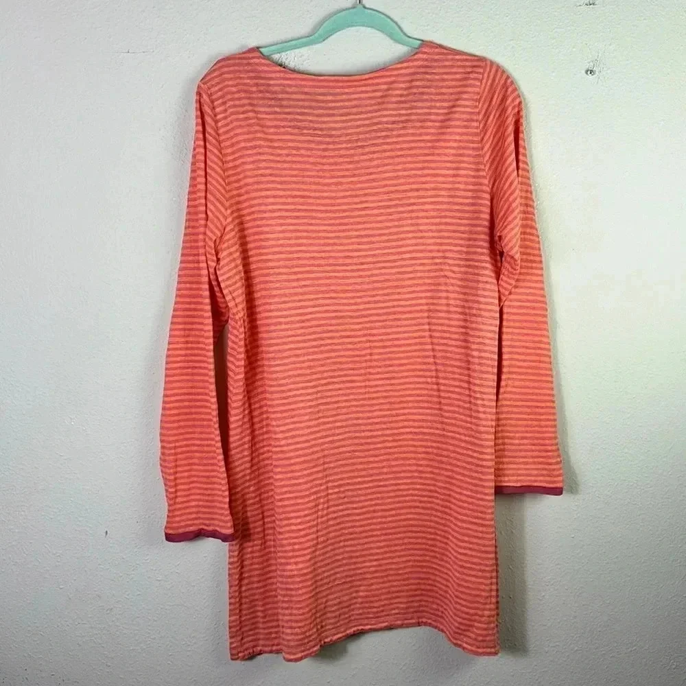 Eileen Fisher 100% Linen Jersey Stripe Tee orange pink Tunic Top size XL